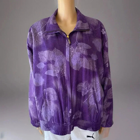 VTG CA Sport 100% Silk Full Zip Jacket Womens M Leaf Floral Pocket Purple - Picture 1 of 9